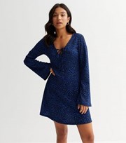 New Look Petite Blue Animal Print V Neck Long Flare Sleeve Mini Dress